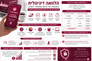 אינפוגרפיקה על הלוואה דיגיטלית המציגה את תהליך האישור, תמחור הריבית, הנתונים שנבדקים והעלות הכוללת של ההלוואה